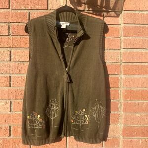 Christopher & Banks green full zip sweater vest fall embroidery